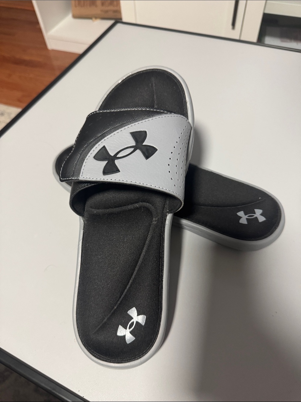 Under Armour Mens Black and Gray Slide Sandals with Logo